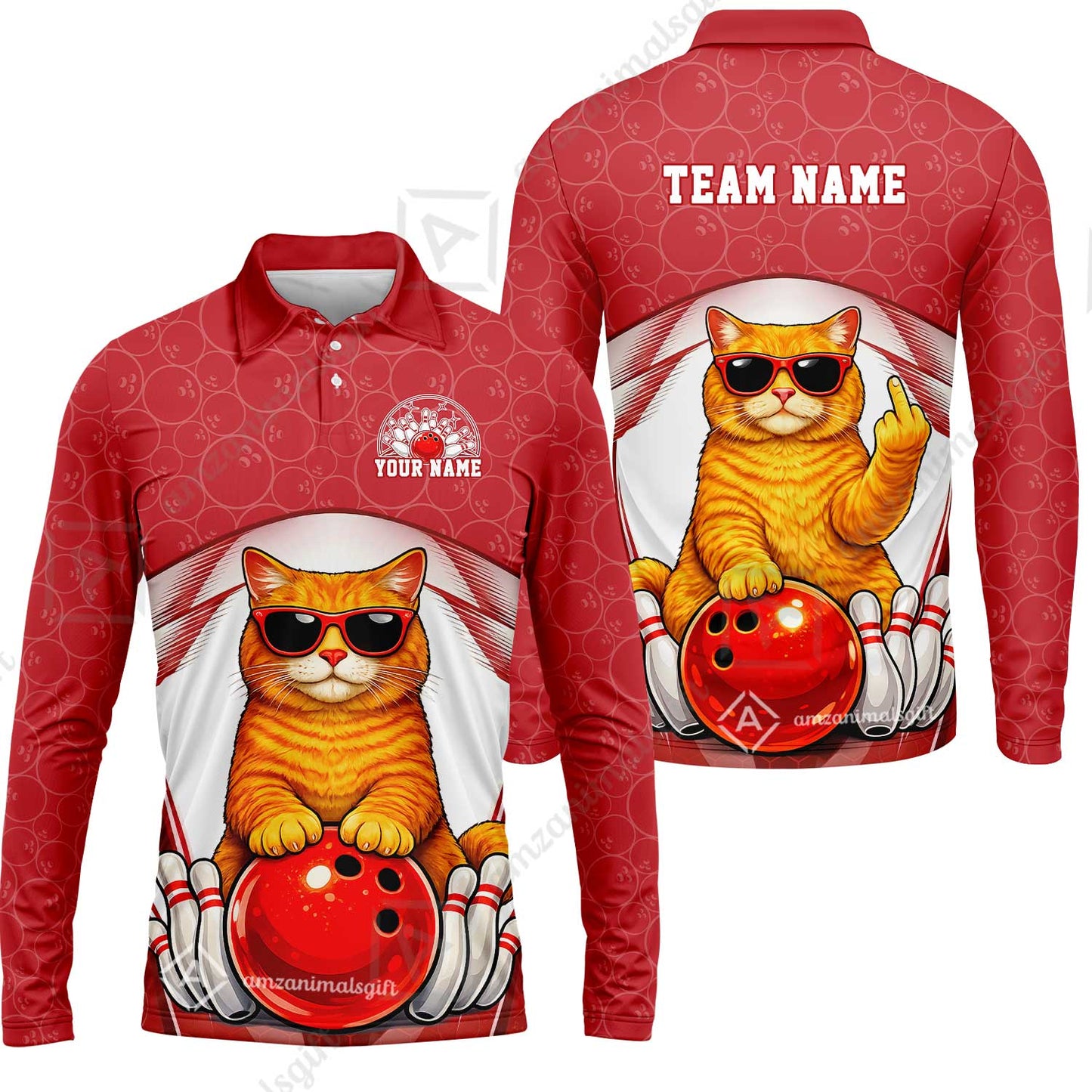 Custom Bowling Polo Shirt, Funny Cat with Sunglasses Bowling Custom Bowling Polo Team Shirt For Players With Name & Team Name