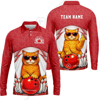 Custom Bowling Polo Shirt, Funny Cat with Sunglasses Bowling Custom Bowling Polo Team Shirt For Players With Name & Team Name