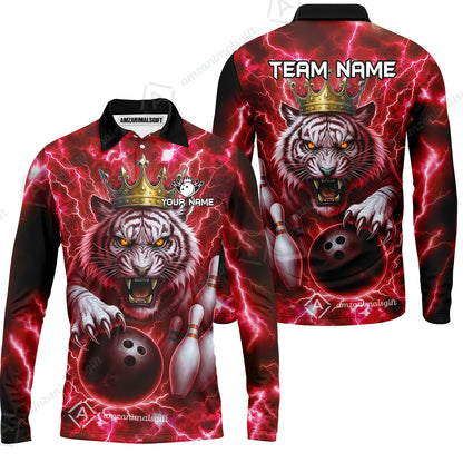 Custom Bowling Team Quarter-Zip Polo Shirt, Bowling White Tiger Lighting Shirt, Personalized Team Shirt with Custom Name