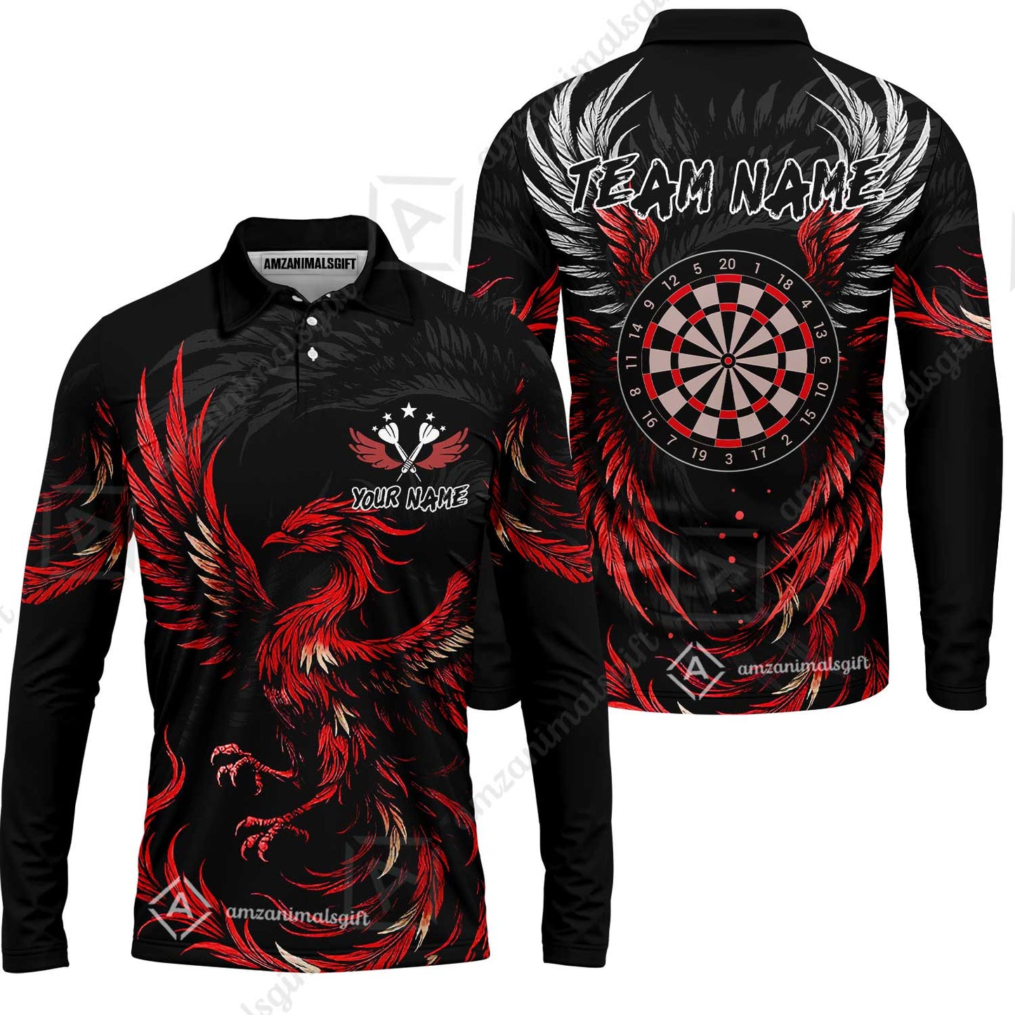 Custom Darts Team Long Sleeve Polo Shirt, Phoenix Dartboard Wings Darts Long Sleeve Polo Shirt, Custom Name And Team Name Darts Uniforms Jersey