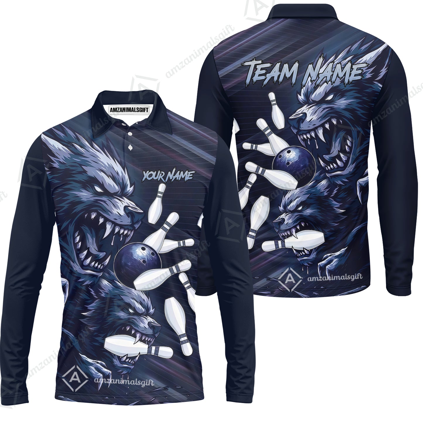 Custom Bowling Jersey Polo Shirt, Wolf Biting Bowling Pin Custom Bowling Jersey Team Shirt For Players With Name & Team Name