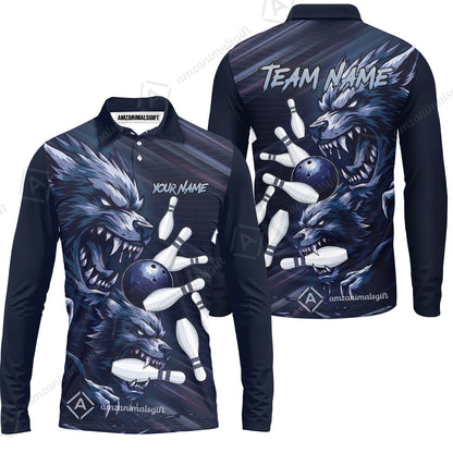 Custom Bowling Jersey Polo Shirt, Wolf Biting Bowling Pin Custom Bowling Jersey Team Shirt For Players With Name & Team Name