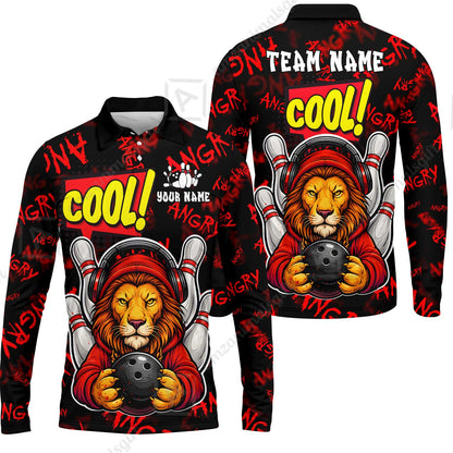 Custom Bowling Jersey Polo Shirt, Cool Lion Holding Ball, Personalize Name and Team Name
