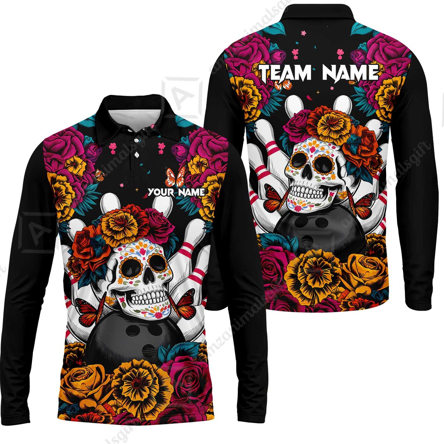 Custom Bowling Jersey Polo Shirt, Floral Skull Bowling, Personalize Name and Team Name