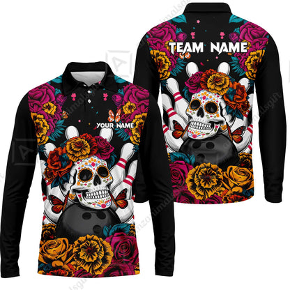 Custom Bowling Jersey Polo Shirt, Floral Skull Bowling, Personalize Name and Team Name