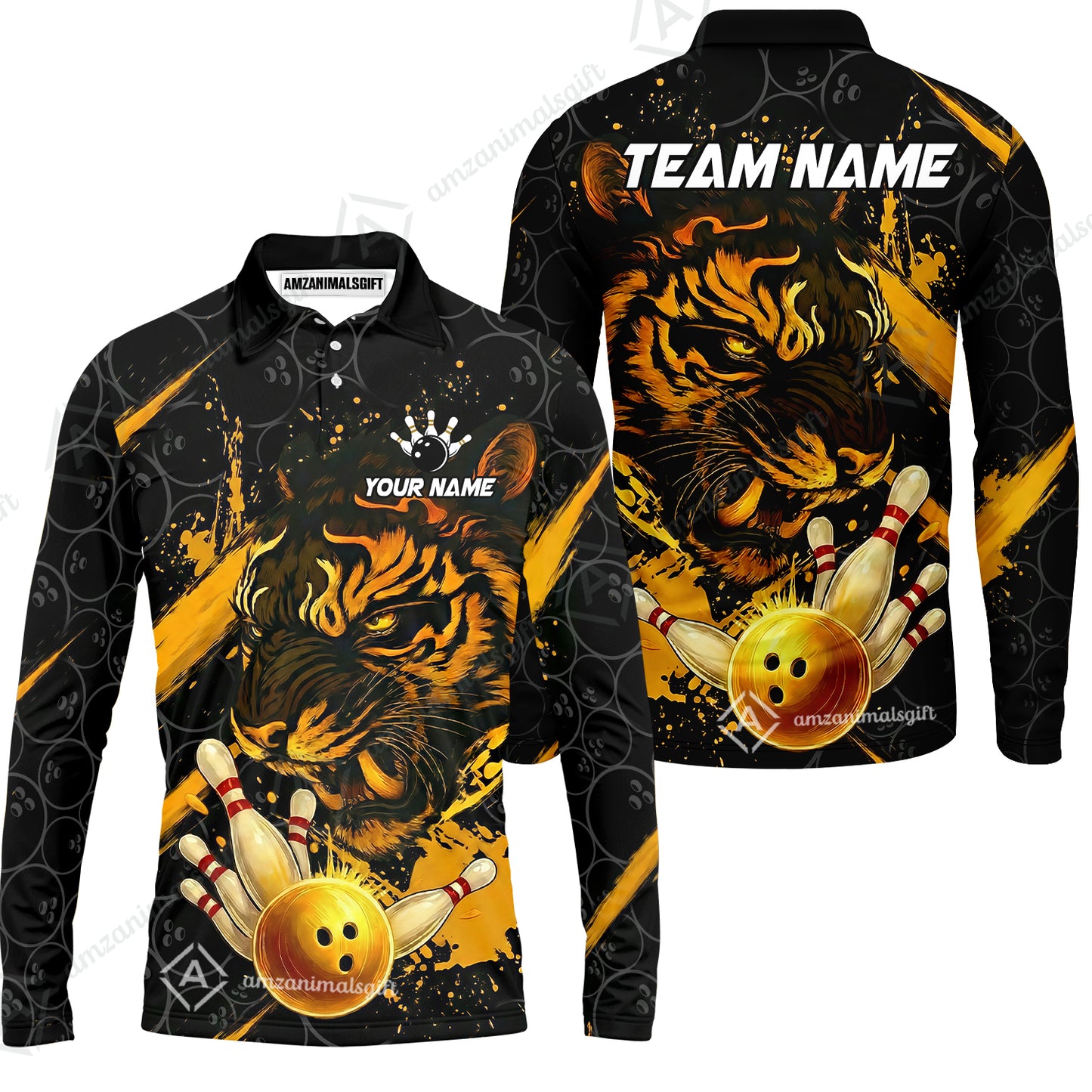 Customized Bowling Unisex Polo Shirt, Tiger Ball Striking Pins, Bowling Uniforms, Personalized Name And Team Name