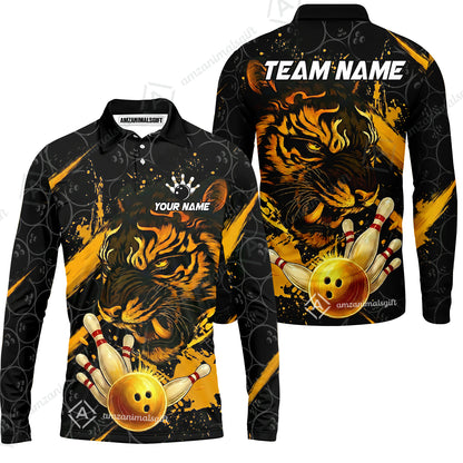 Customized Bowling Unisex Polo Shirt, Tiger Ball Striking Pins, Bowling Uniforms, Personalized Name And Team Name