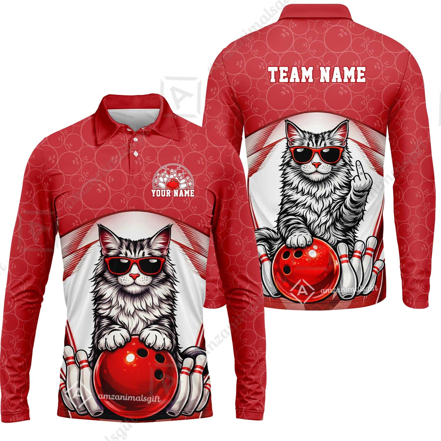 Custom Bowling Polo Shirt, Funny Cat with Sunglasses Bowling Custom Bowling Polo Team Shirt For Players With Name & Team Name