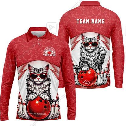 Custom Bowling Polo Shirt, Funny Cat with Sunglasses Bowling Custom Bowling Polo Team Shirt For Players With Name & Team Name