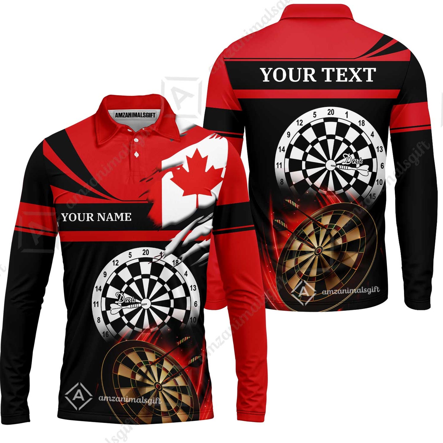 Customized Name & Text Darts Quarter-Zip Polo Shirt, Canada Flag Personalized Name Darts Quarter-Zip Polo Shirt