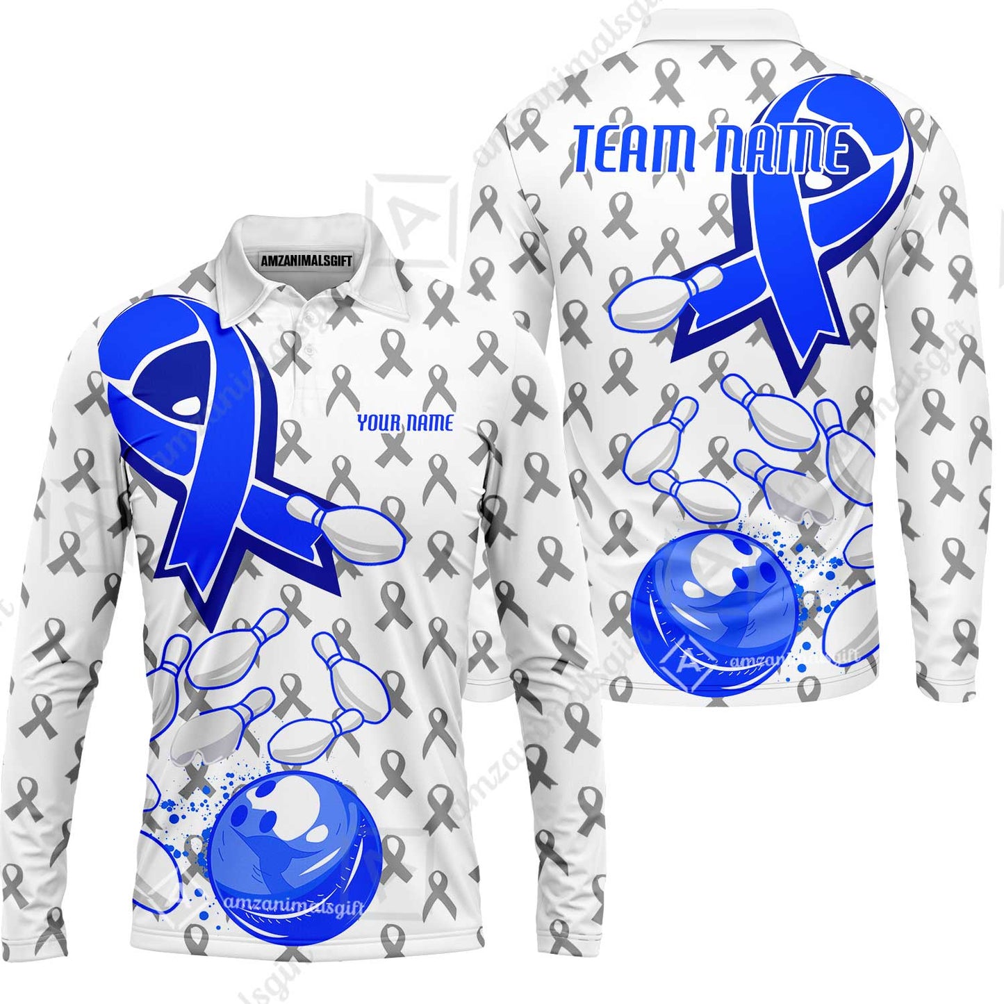 Custom Bowling Team Uniform Shirts, Blue Ribbon & Bowling Pins Strike Graphic Shirt, Personalized Team & Player Jersey