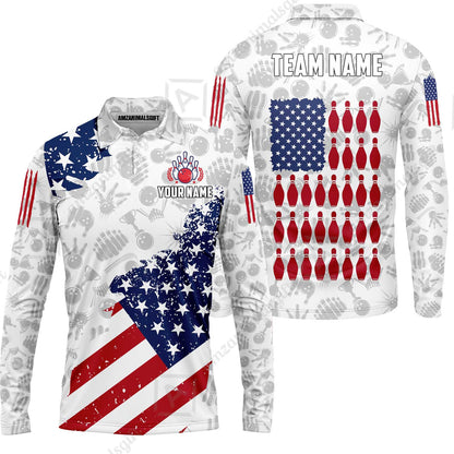 Custom Bowling Jersey Polo Shirt, Americana Patriotic Distressed Flag, Custom Bowling Jersey Team Shirt For Players With Name and Team Name