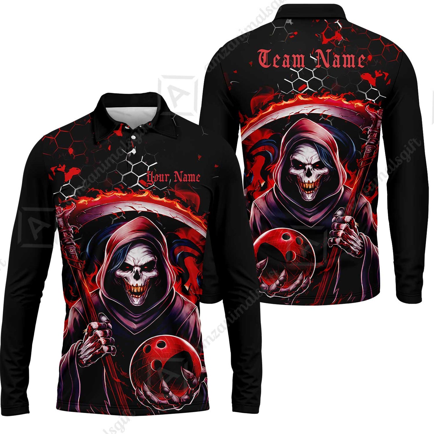 Custom Bowling Jersey Polo Shirt, Red Reaper, Personalized Name And Team Name