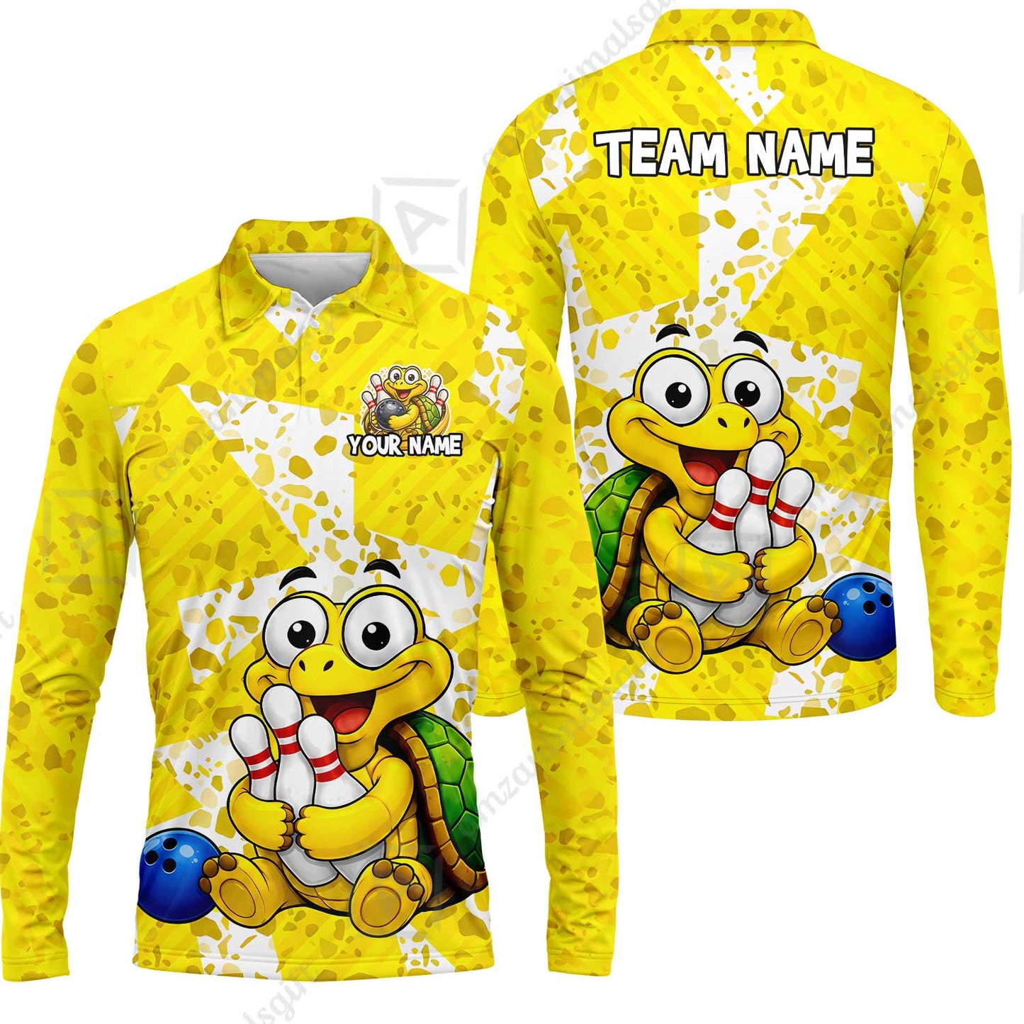Custom Bowling Jersey Polo Shirt, Cute Turtle Holding Pins, Personalized Name And Team Name