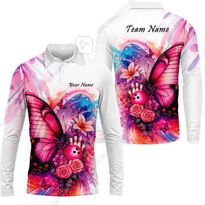 Custom Bowling Jersey Polo Shirt, Watercolor Pink Butterfly Bloom, Custom Bowling Jersey Team Shirt For Players With Name and Team Name