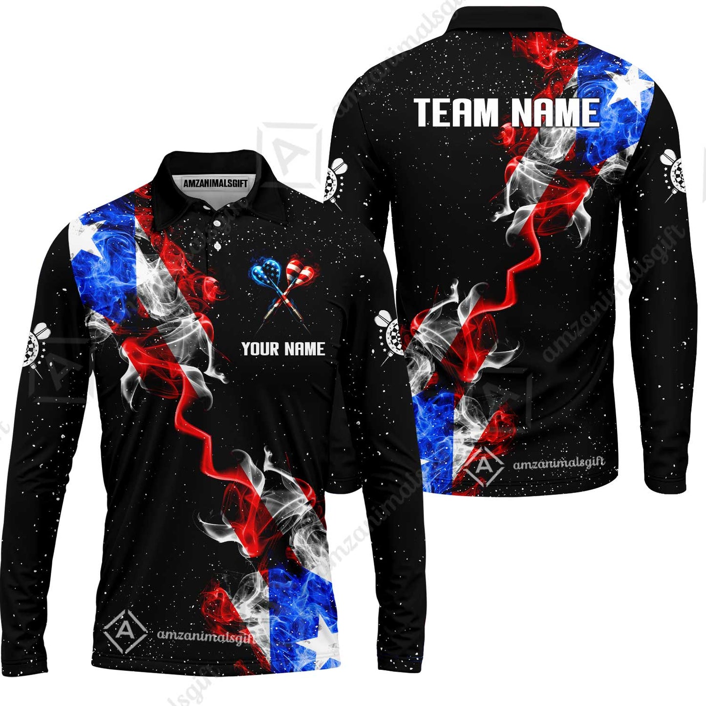 Customized American Flag Darts Stand Collar Quater-Zip, Darts Smoke USA Flag Team Style Jersey Polo Shirt, Outfit for Darts Players