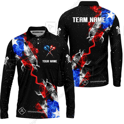 Customized American Flag Darts Stand Collar Quater-Zip, Darts Smoke USA Flag Team Style Jersey Polo Shirt, Outfit for Darts Players