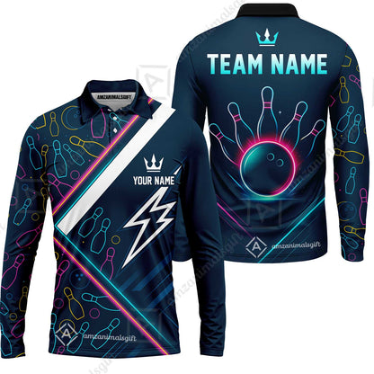 Customized Neon Glow Bowling Long Sleeve Polo Shirt, Lightning Bolt And Crown Long Sleeve Polo Shirt For Bowling Team, Bowlers