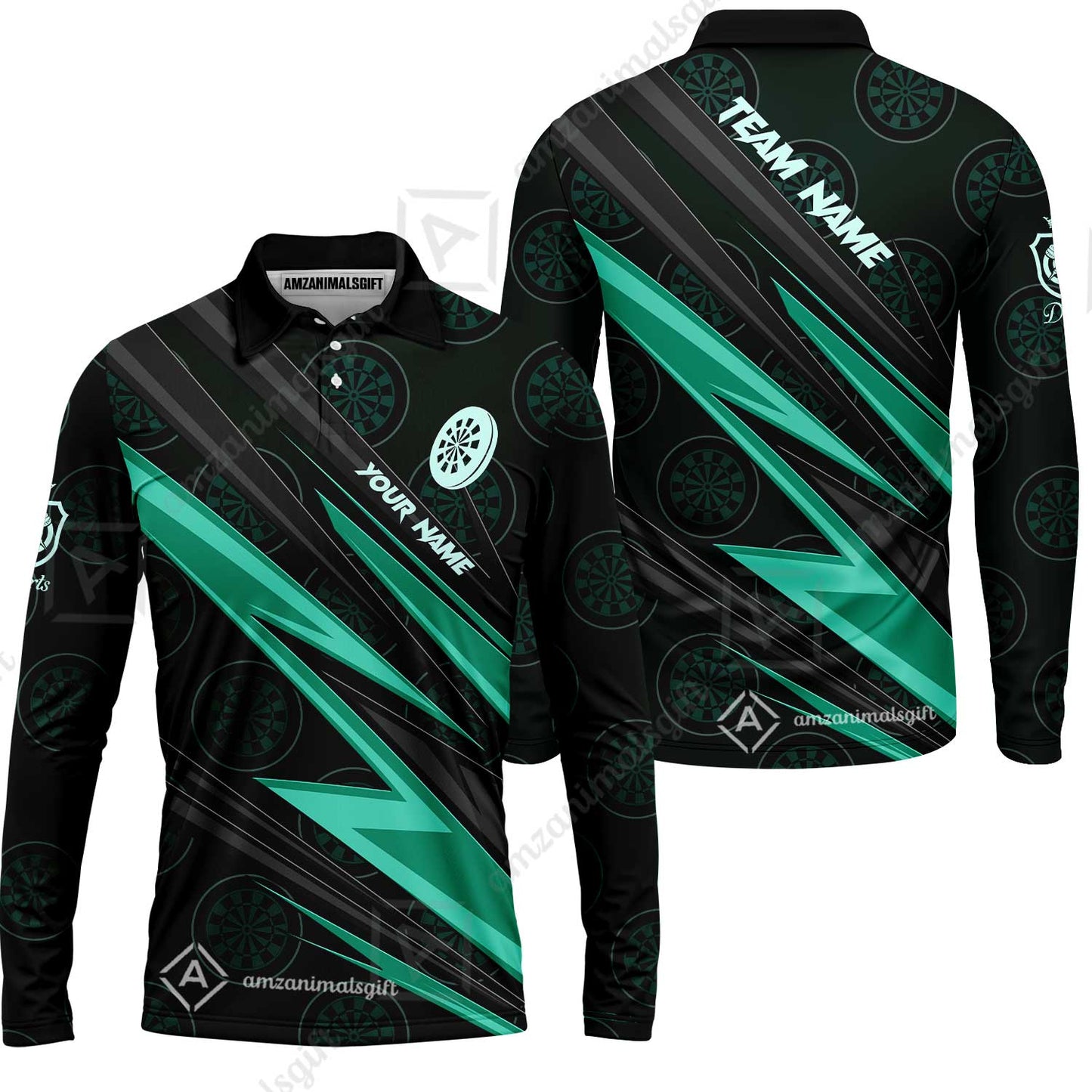 Custom Turquoise Dartboard Pattern Darts Men Polo Shirt Team,  Custom Darts Team Jerseys Uniform, Personalized Name And Team Name Shirts