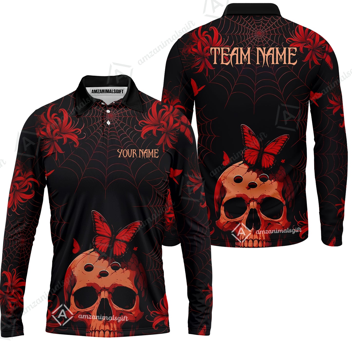Customized Bowling Shirt, Bowling Skull Butterfly Spider Grid, Personalized Polo Shirt For Players With Name & Team Name