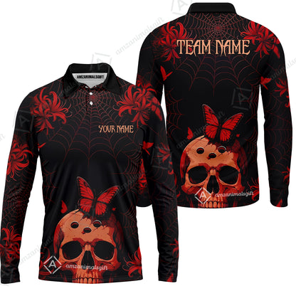 Customized Bowling Shirt, Bowling Skull Butterfly Spider Grid, Personalized Polo Shirt For Players With Name & Team Name