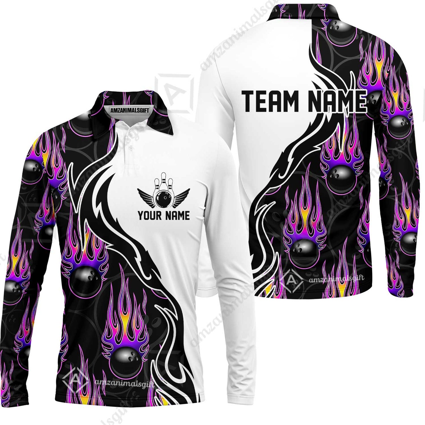 Customized Bowling Quarter-Zip Stand Collar Jersey Shirt, Bowling Ball With Fire Pattern Shirt For Team Men Women Bowler