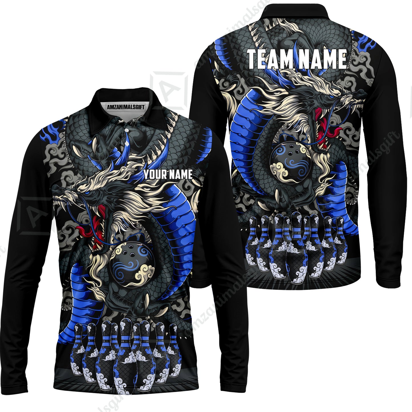 Custom Bowling Jersey Polo Shirt, Oriental Jade Dragon & Classic Clouds, Custom Bowling Jersey Team Shirt For Players With Name & Team Name