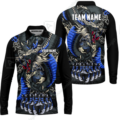 Custom Bowling Jersey Polo Shirt, Oriental Jade Dragon & Classic Clouds, Custom Bowling Jersey Team Shirt For Players With Name & Team Name