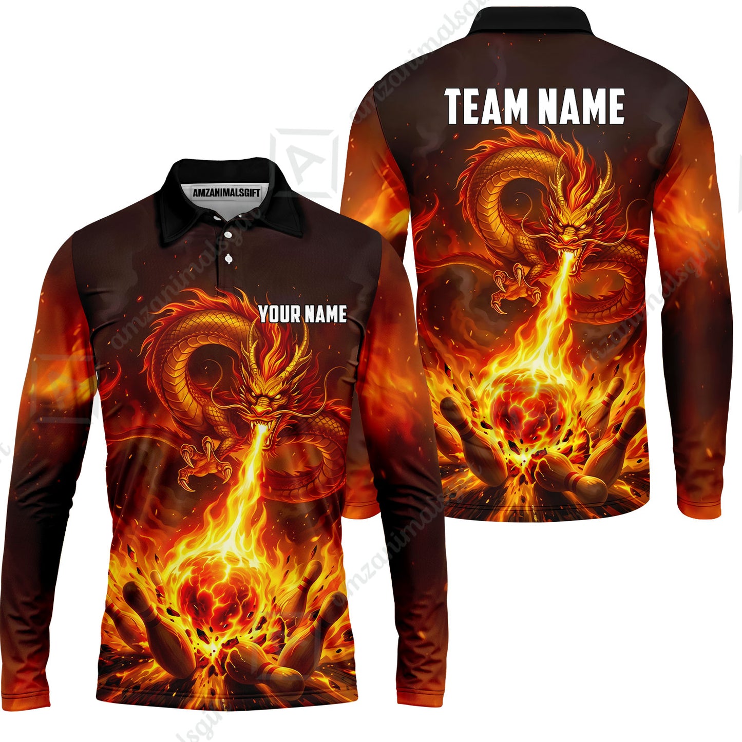 Custom Bowling Jersey Polo Shirt, Asian Dragon's Fire Strike, Custom Bowling Jersey Team Shirt For Players With Name & Team Name