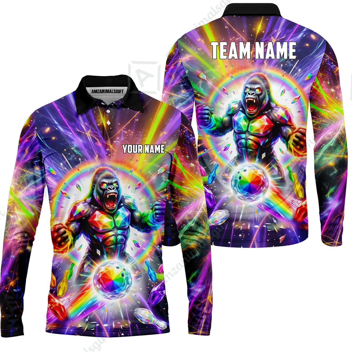 Custom Bowling Jersey Polo Shirt, Rainbow Gemstone Gorilla, Custom Bowling Jersey Team Shirt For Players With Name and Team Name