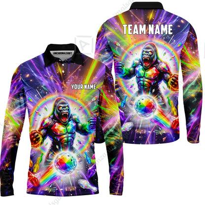 Custom Bowling Jersey Polo Shirt, Rainbow Gemstone Gorilla, Custom Bowling Jersey Team Shirt For Players With Name and Team Name