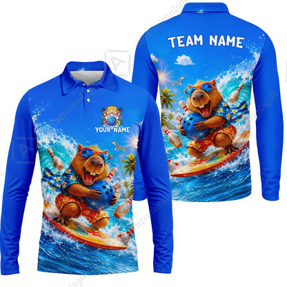 Custom Bowling Jersey Polo Shirt, Surfing Capybara, Personalized Name And Team Name