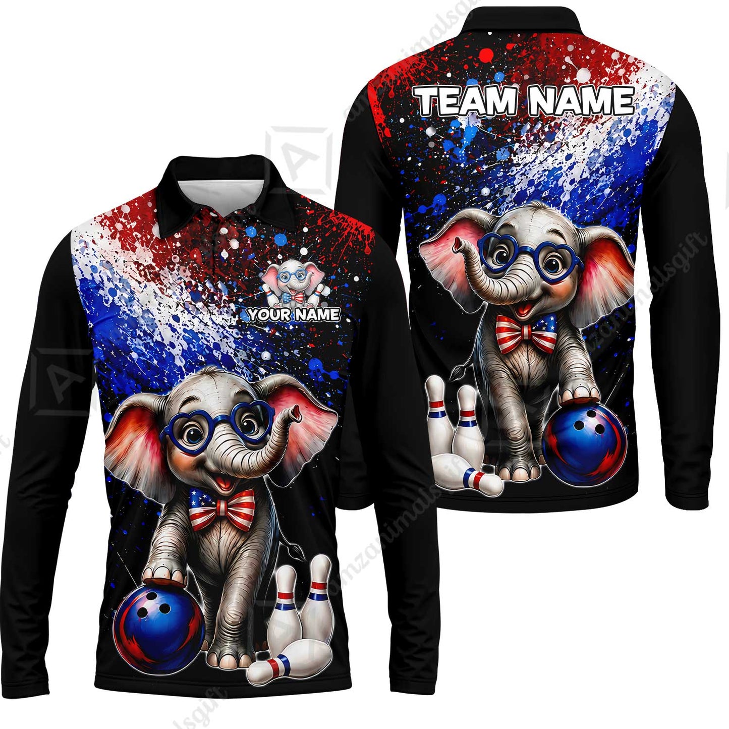 Custom Bowling Jersey Polo Shirt, Patriotic Elephant Bowling, Personalize Name and Team Name