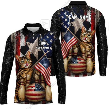 Custom Bowling Jersey Polo Shirt, American Flag and Alley Cats, Custom Bowling Jersey Team Shirt For Players With Name and Team Name
