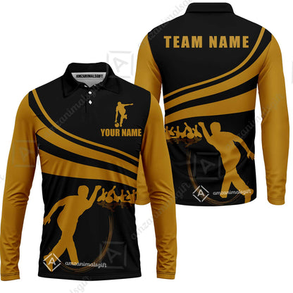 Bowling Custom Long Sleeve Men Polo Shirt - Custom Name Black and Gold Men Bowlers Personalized Bowling Polo Shirt