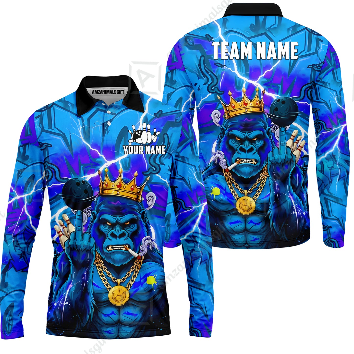 Custom Bowling Jersey Polo Shirt, Rebellious Gorilla King & Street Graffiti, Custom Bowling Jersey Team Shirt For Players With Name & Team Name