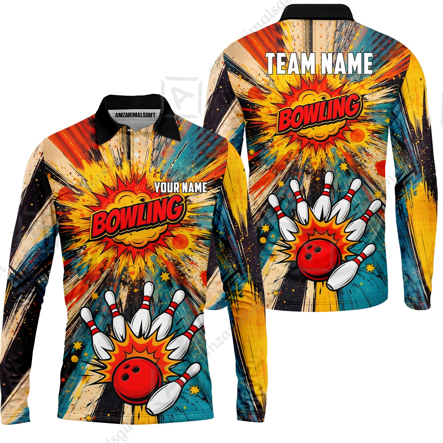 Custom Bowling Jersey Polo Shirt, Retro Comic Book Explosion, Custom Bowling Jersey Team Shirt For Players With Name and Team Name
