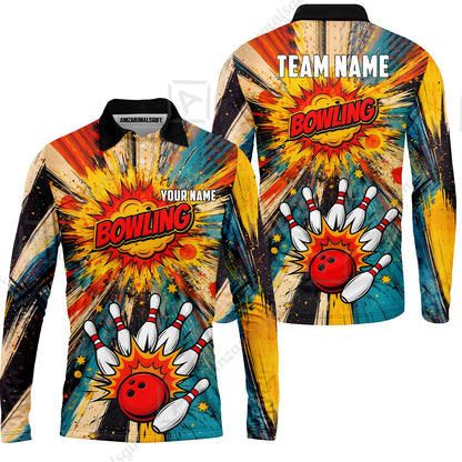Custom Bowling Jersey Polo Shirt, Retro Comic Book Explosion, Custom Bowling Jersey Team Shirt For Players With Name and Team Name