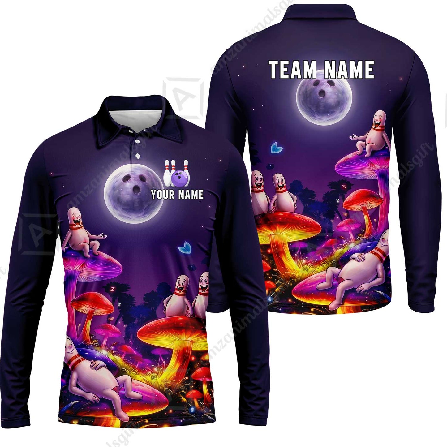 Custom Bowling Jersey Polo Shirt, Psychedelic Magic Mushroom Forest, Custom Bowling Jersey Team Shirt For Players With Name and Team Name