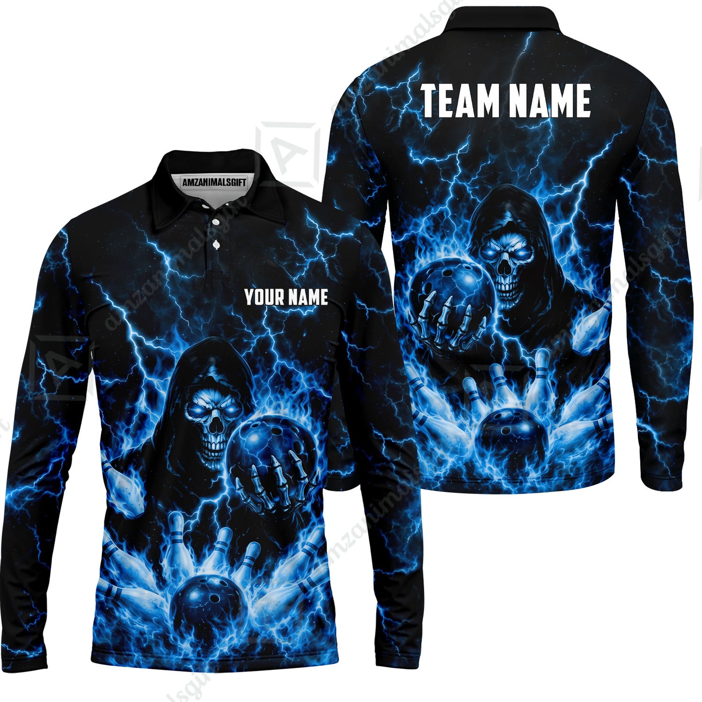 Custom Bowling Jersey Polo Shirt, Lightning Grim Reaper, Custom Bowling Jersey Team Shirt For Players With Name & Team Name