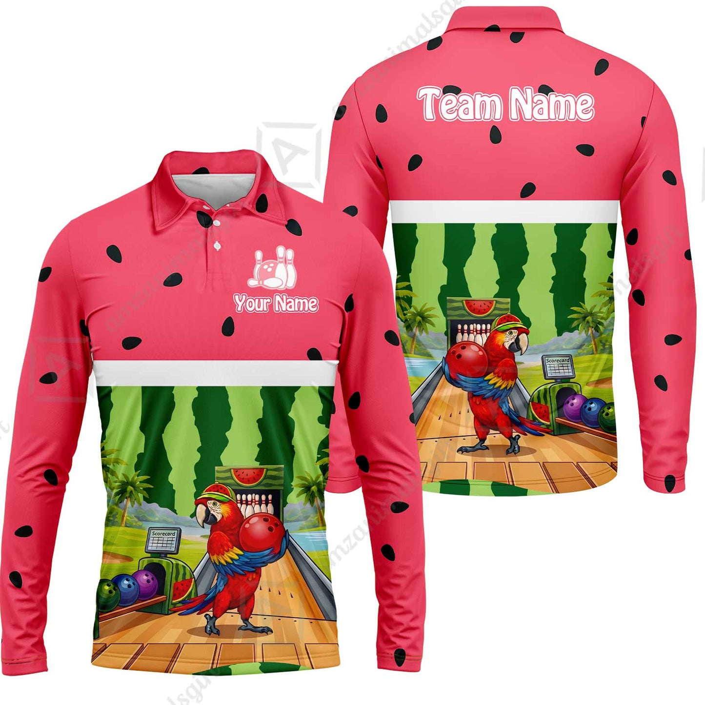Custom Bowling Jersey Polo Shirt, Tropical Watermelon Parrot Macaw, Custom Bowling Jersey Team Shirt For Players With Name and Team Name