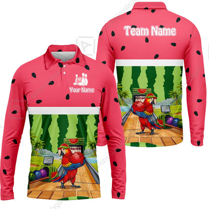 Custom Bowling Jersey Polo Shirt, Tropical Watermelon Parrot Macaw, Custom Bowling Jersey Team Shirt For Players With Name and Team Name