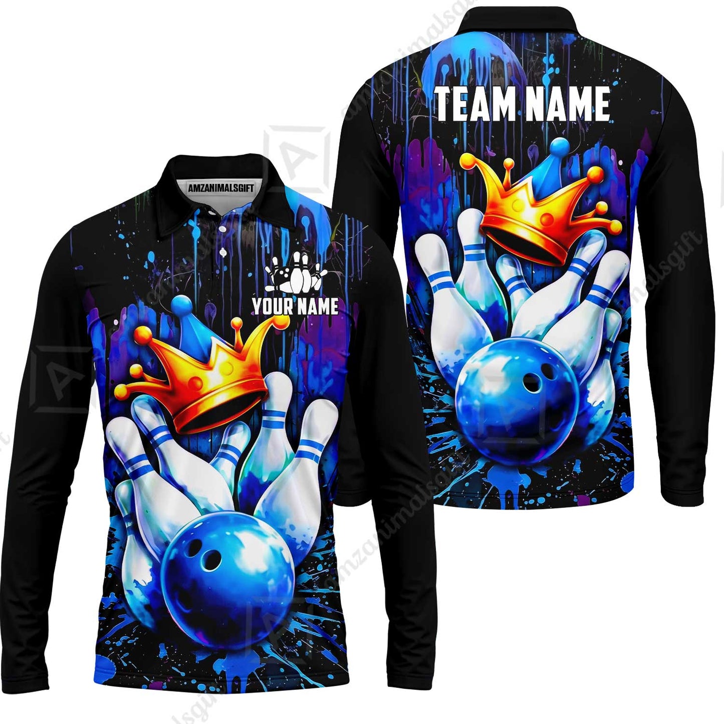 Custom Bowling Jersey Polo Shirt, Neon King Crown, Custom Bowling Jersey Team Shirt For Players With Name and Team Name