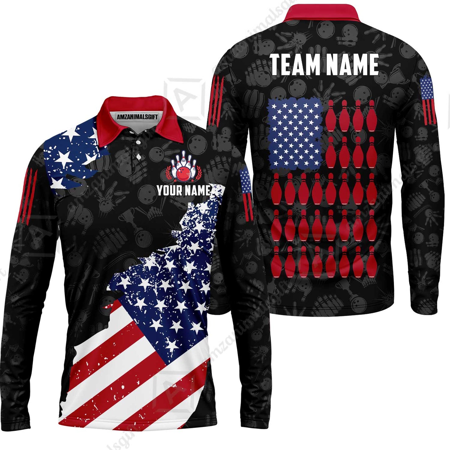 Custom Bowling Jersey Polo Shirt, Americana Patriotic Distressed Flag, Custom Bowling Jersey Team Shirt For Players With Name and Team Name