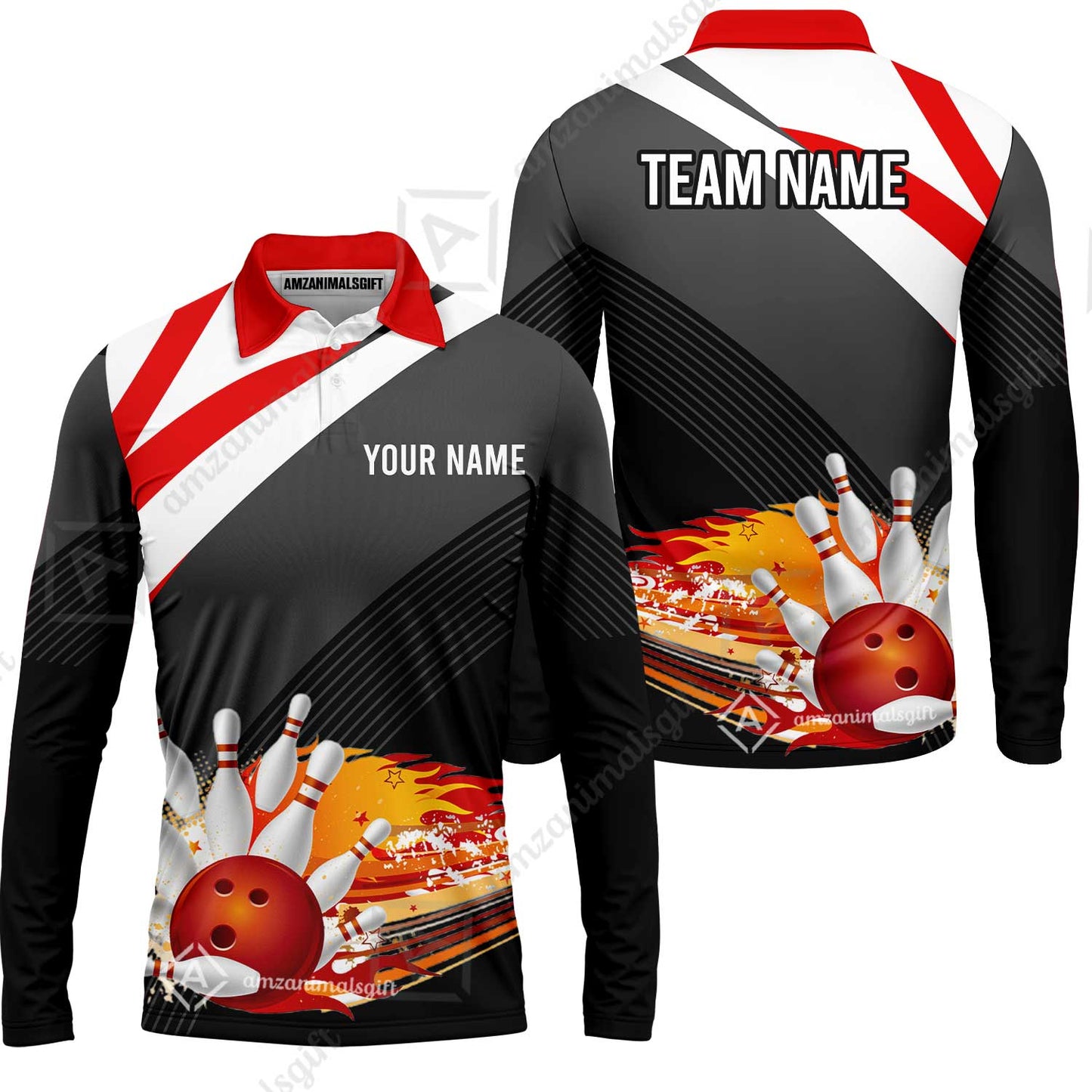 Custom Black and Red Flame Bowling Team Jersey Polo Shirts, Bowling Team Uniforms Jerseys, Personalized Name And Team Name