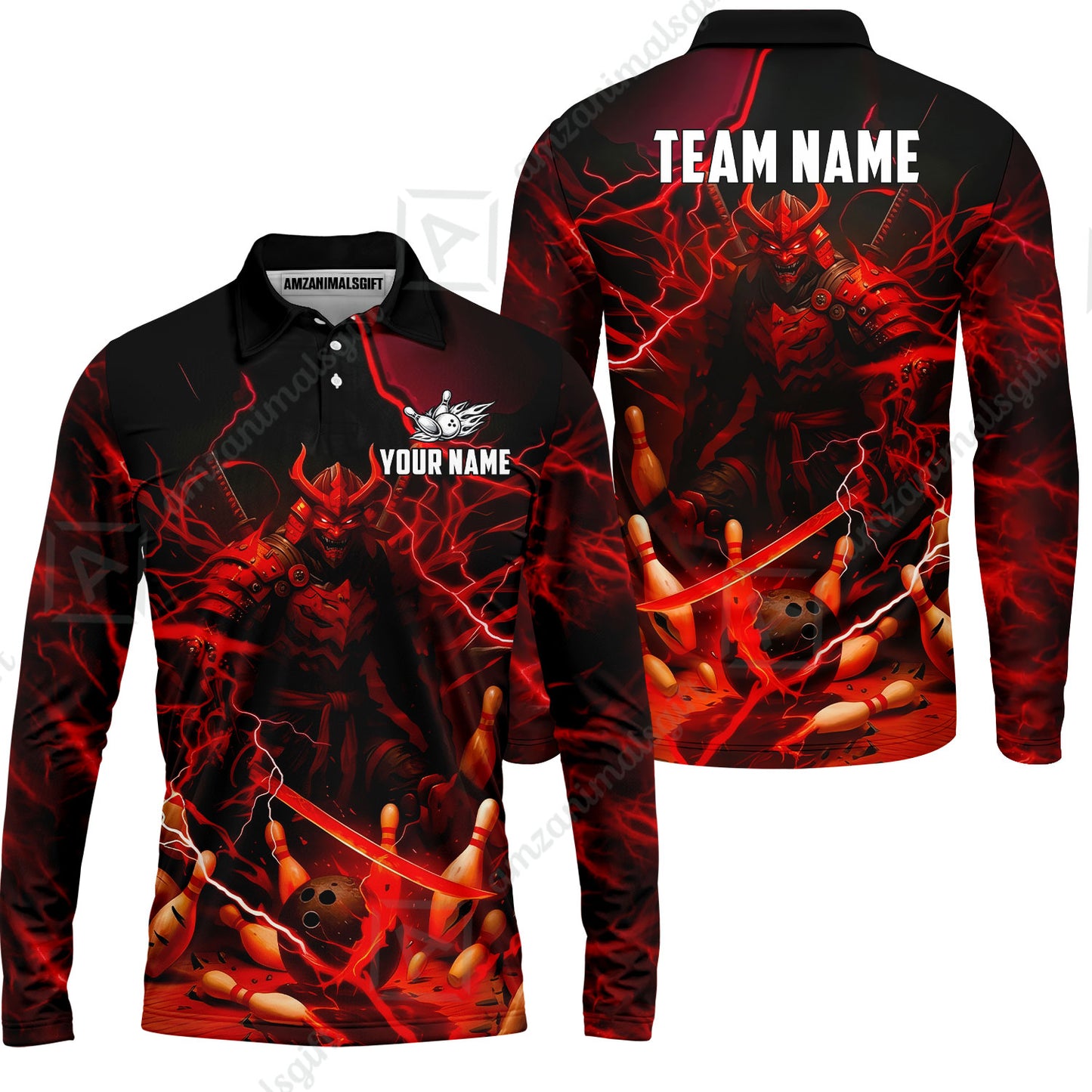 Custom Bowling Jersey Polo Shirt, Fiery Samurai Strike, Custom Bowling Jersey Team Shirt For Players With Name & Team Name