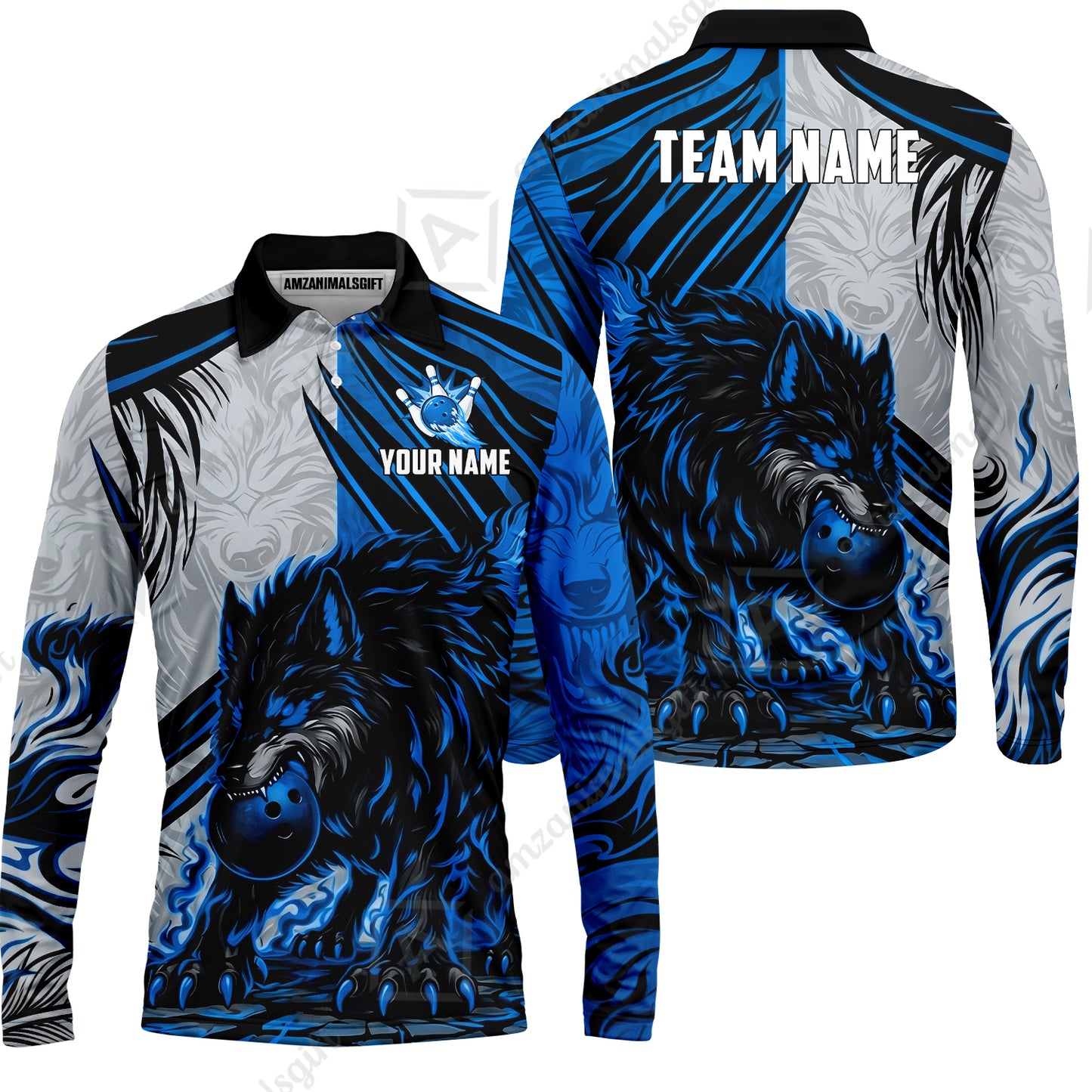 Custom Bowling Jersey Polo Shirt, Lone Wolf Strike & Emerald Frost, Custom Bowling Jersey Team Shirt For Players With Name & Team Name