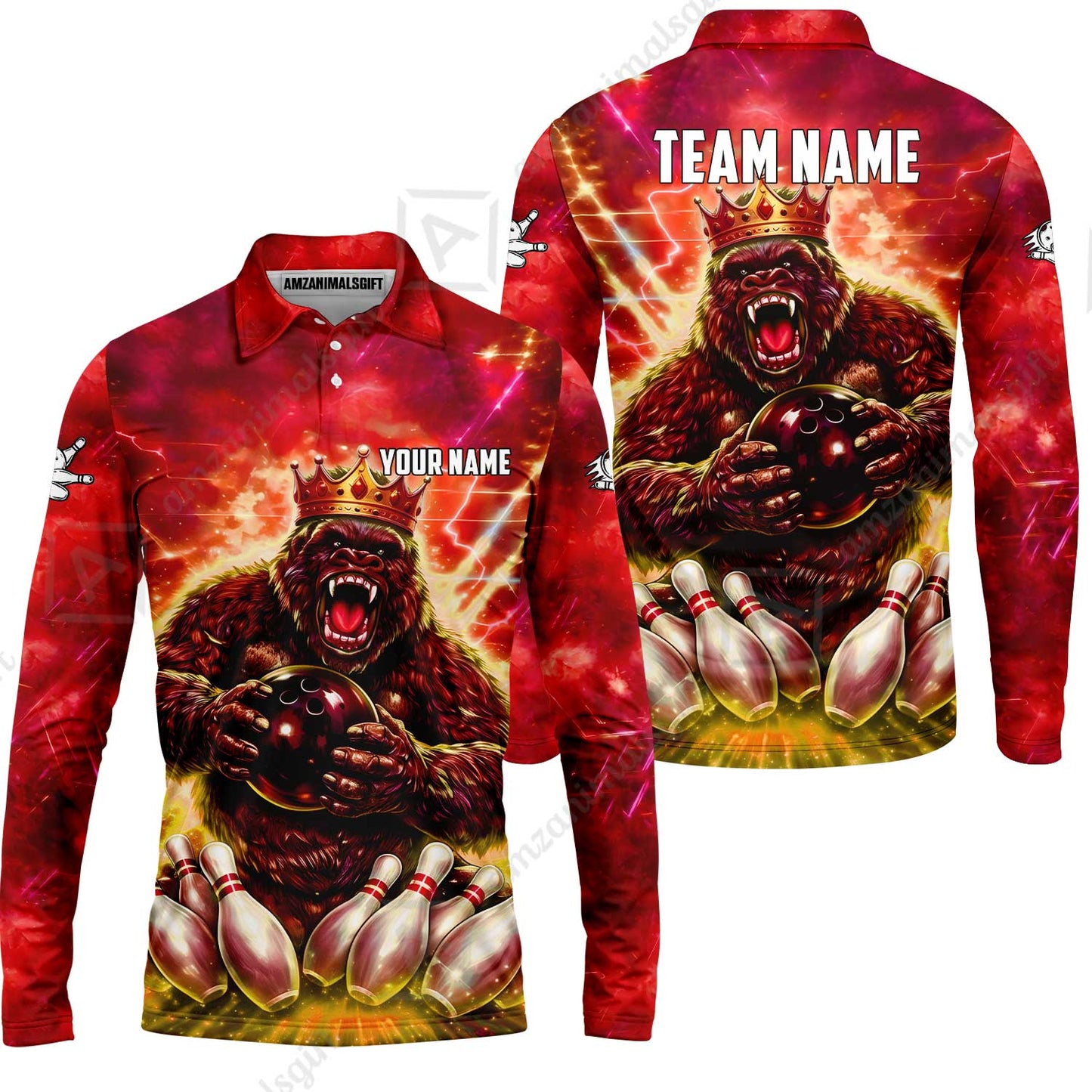 Custom Bowling Jersey Polo Shirt, King Gorilla Holding Bowling Ball, Custom Bowling Jersey Team Shirt For Players With Name & Team Name
