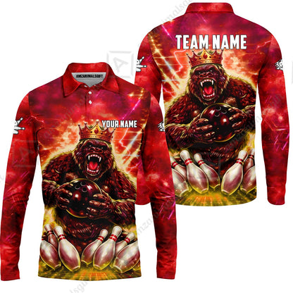 Custom Bowling Jersey Polo Shirt, King Gorilla Holding Bowling Ball, Custom Bowling Jersey Team Shirt For Players With Name & Team Name