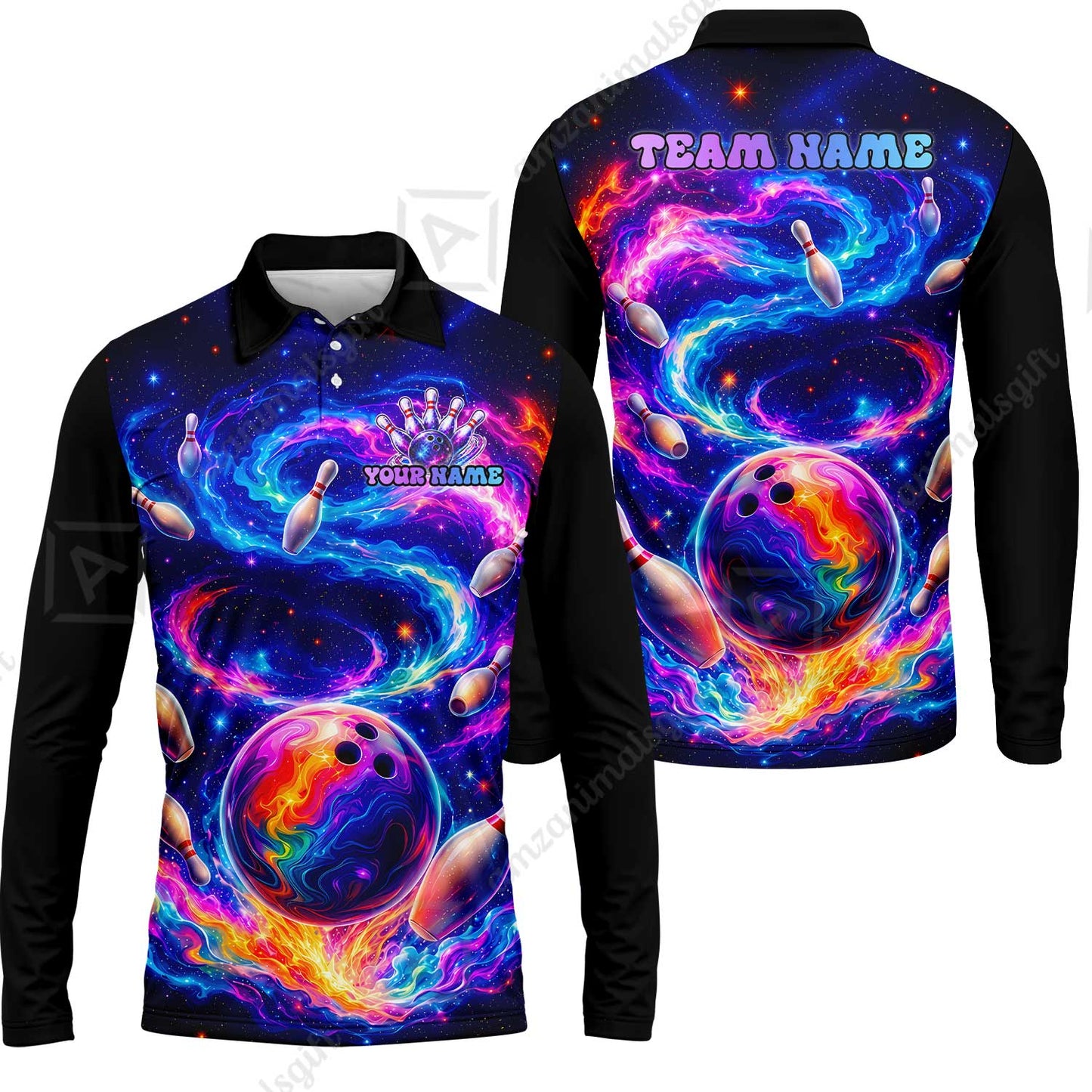 Custom Bowling Jersey Polo Shirt, Galaxy Bowling World, Personalized Name And Team Name